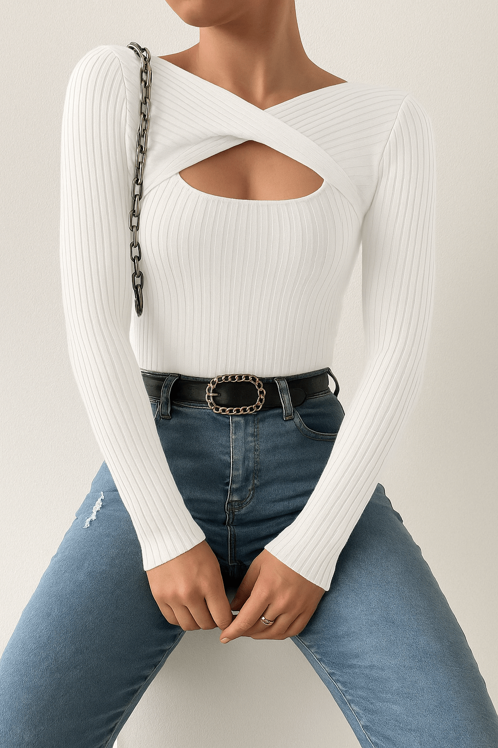 Ribbed Knit Long Sleeve Top with Cutout DesignAzizaK