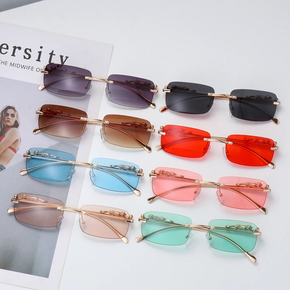 Rimless Square Sunglasses Retro Designer Gold Leopard Style LensesAzizaK