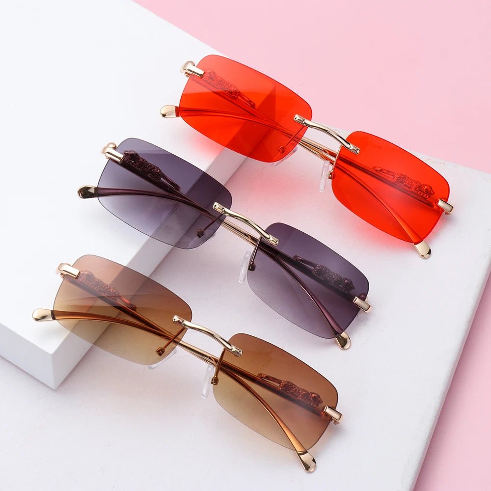 Rimless Square Sunglasses Retro Designer Gold Leopard Style LensesAzizaK