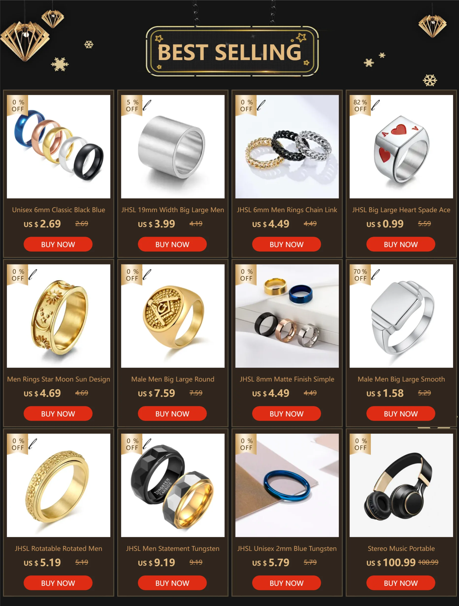 Rings Chain Link Design Stainless Steel Black Gold SilverAzizaK