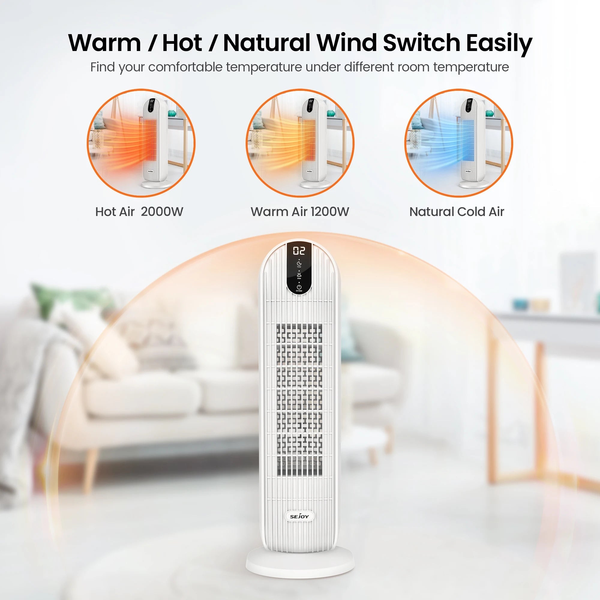 Sejoy 2000W Home Electric Heater 220v Space Heater PTC Ceramic Heater, with Timer, Auto Oscillation, 2 Speed Heating FansAzizaK