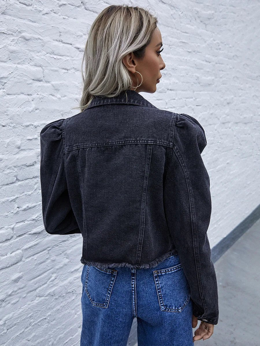 Short denim jacket with long puff sleevesAzizaK