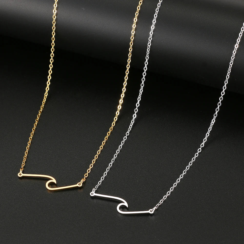Stainless Steel Necklaces Minimalist Wave Pendant Chain FineAzizaK
