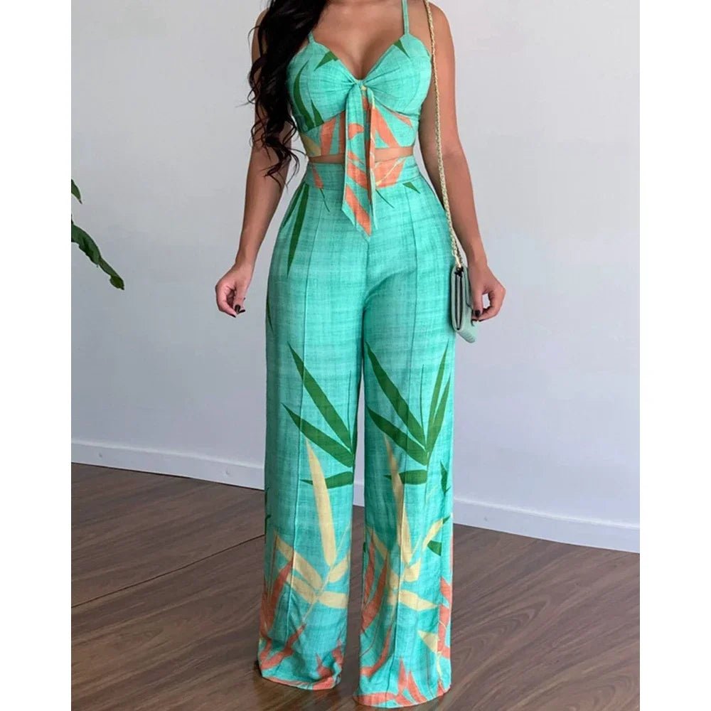 Summer Women's Tropical Print Spaghetti Strap Casual Lace Up Back Top High Waist Pants Set Eye Catching Short LengthAzizaK