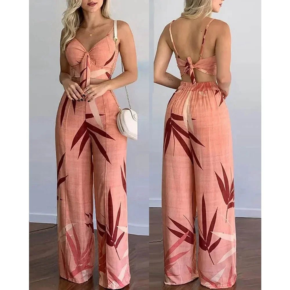 Summer Women's Tropical Print Spaghetti Strap Casual Lace Up Back Top High Waist Pants Set Eye Catching Short LengthAzizaK