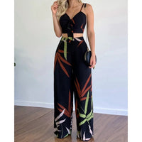 Summer Women's Tropical Print Spaghetti Strap Casual Lace Up Back Top High Waist Pants Set Eye Catching Short LengthAzizaK