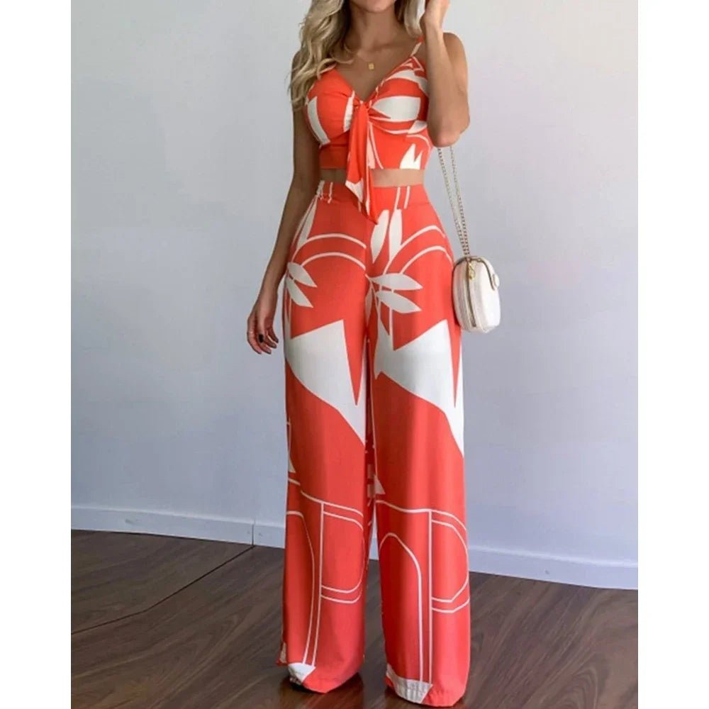 Summer Women's Tropical Print Spaghetti Strap Casual Lace Up Back Top High Waist Pants Set Eye Catching Short LengthAzizaK