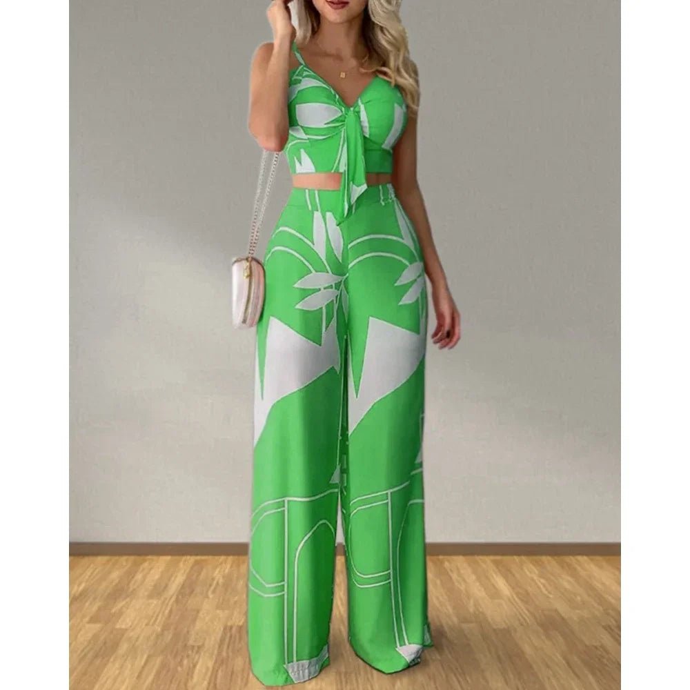 Summer Women's Tropical Print Spaghetti Strap Casual Lace Up Back Top High Waist Pants Set Eye Catching Short LengthAzizaK