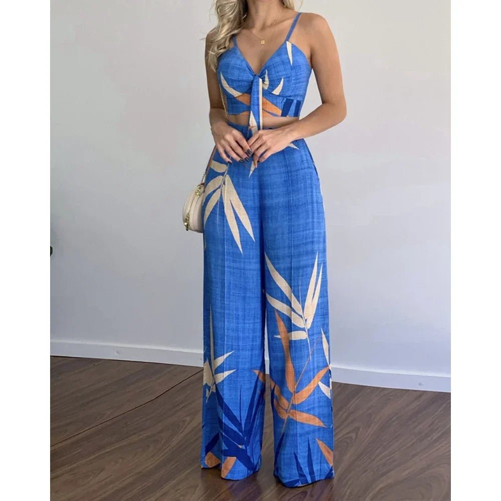 Summer Women's Tropical Print Spaghetti Strap Casual Lace Up Back Top High Waist Pants Set Eye Catching Short LengthAzizaK