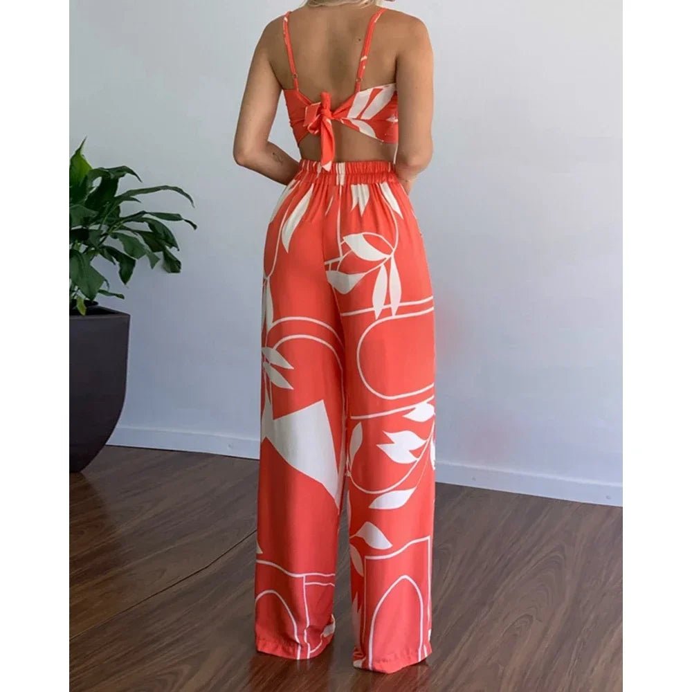 Summer Women's Tropical Print Spaghetti Strap Casual Lace Up Back Top High Waist Pants Set Eye Catching Short LengthAzizaK