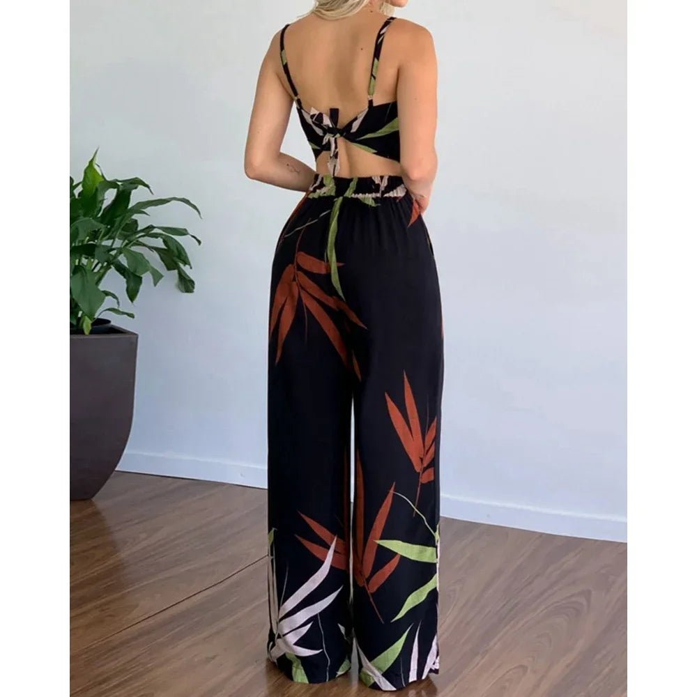 Summer Women's Tropical Print Spaghetti Strap Casual Lace Up Back Top High Waist Pants Set Eye Catching Short LengthAzizaK