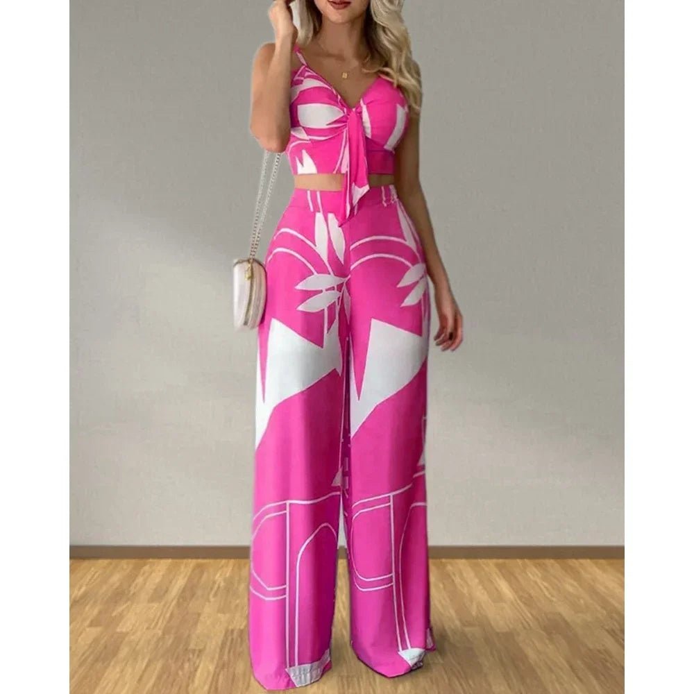 Summer Women's Tropical Print Spaghetti Strap Casual Lace Up Back Top High Waist Pants Set Eye Catching Short LengthAzizaK