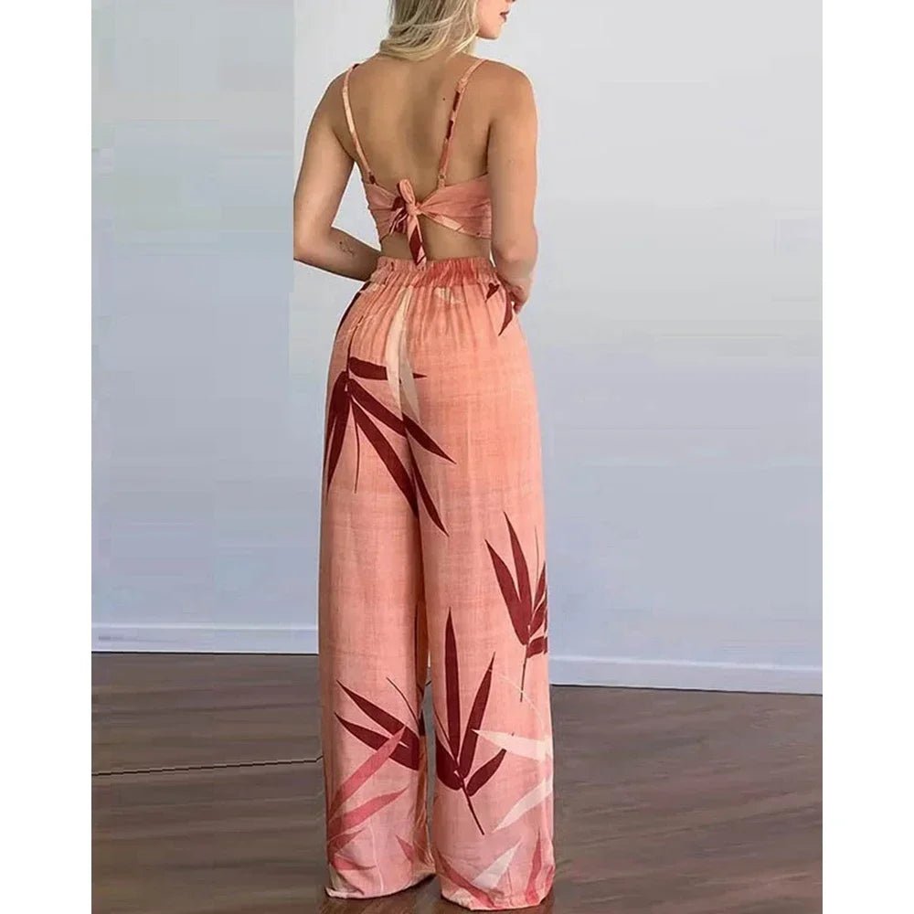 Summer Women's Tropical Print Spaghetti Strap Casual Lace Up Back Top High Waist Pants Set Eye Catching Short LengthAzizaK