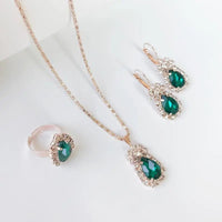 Waterdrop Green Rhinestone Necklace Earrings Ring Jewelry Set Chic Ladies Jewelry Fashion Bling Bling Bridal Party AccessoriesAzizaK