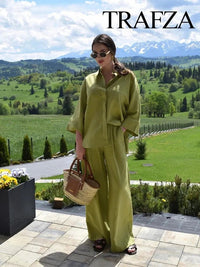 Wide elastic waist pants with simple decorative blouseAzizaK