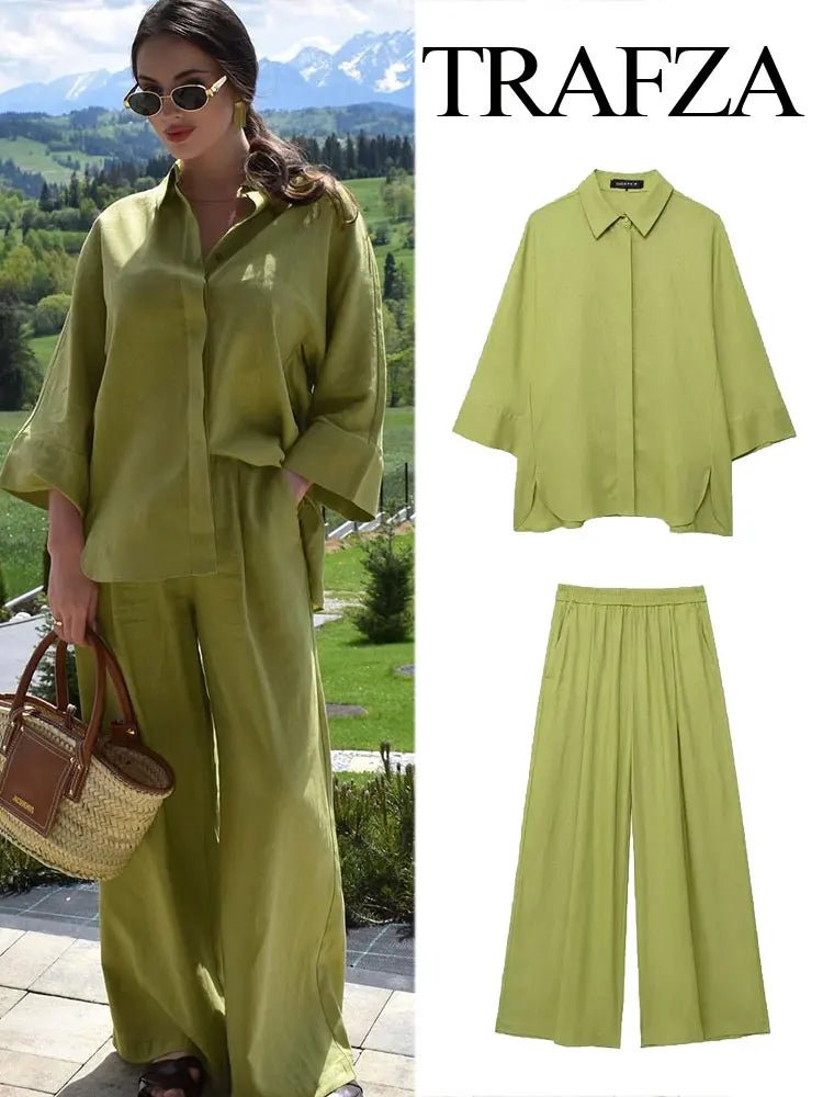 Wide elastic waist pants with simple decorative blouseAzizaK