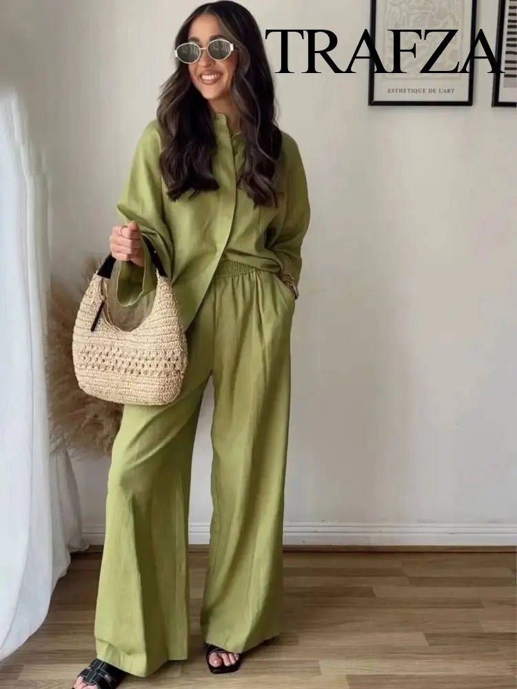 Wide elastic waist pants with simple decorative blouseAzizaK