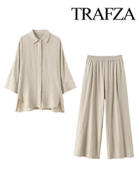 Wide elastic waist pants with simple decorative blouseAzizaK