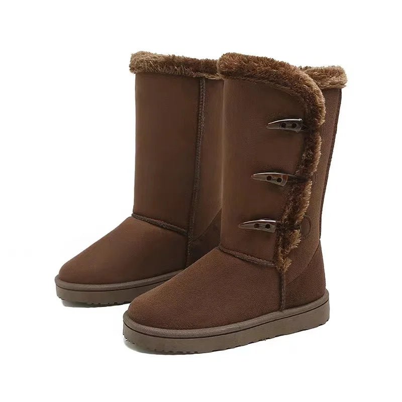 Winter Women Mid - calf Boots Thick Plush Thick Sole Non - slip Fashion Solid Color Button New Women Boots Classic Retro Long BootsAzizaK