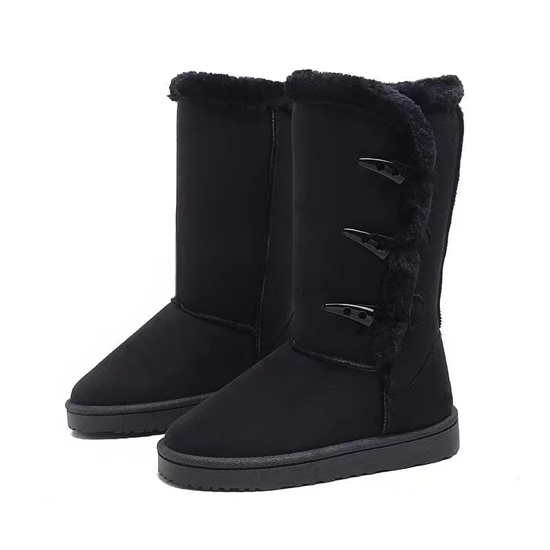 Winter Women Mid - calf Boots Thick Plush Thick Sole Non - slip Fashion Solid Color Button New Women Boots Classic Retro Long BootsAzizaK