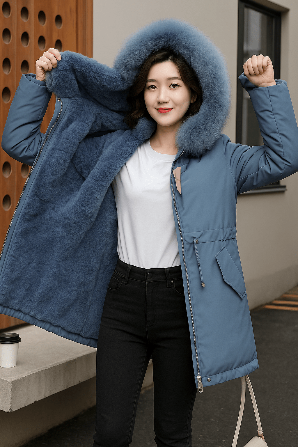 Wool Lining Coat Slim Hooded Parkas With Fur CollarAzizaK